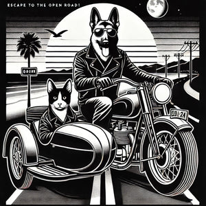 Biker Duo – Dog & Cat Sidecar Adventure | Bold Black & White Digital Download