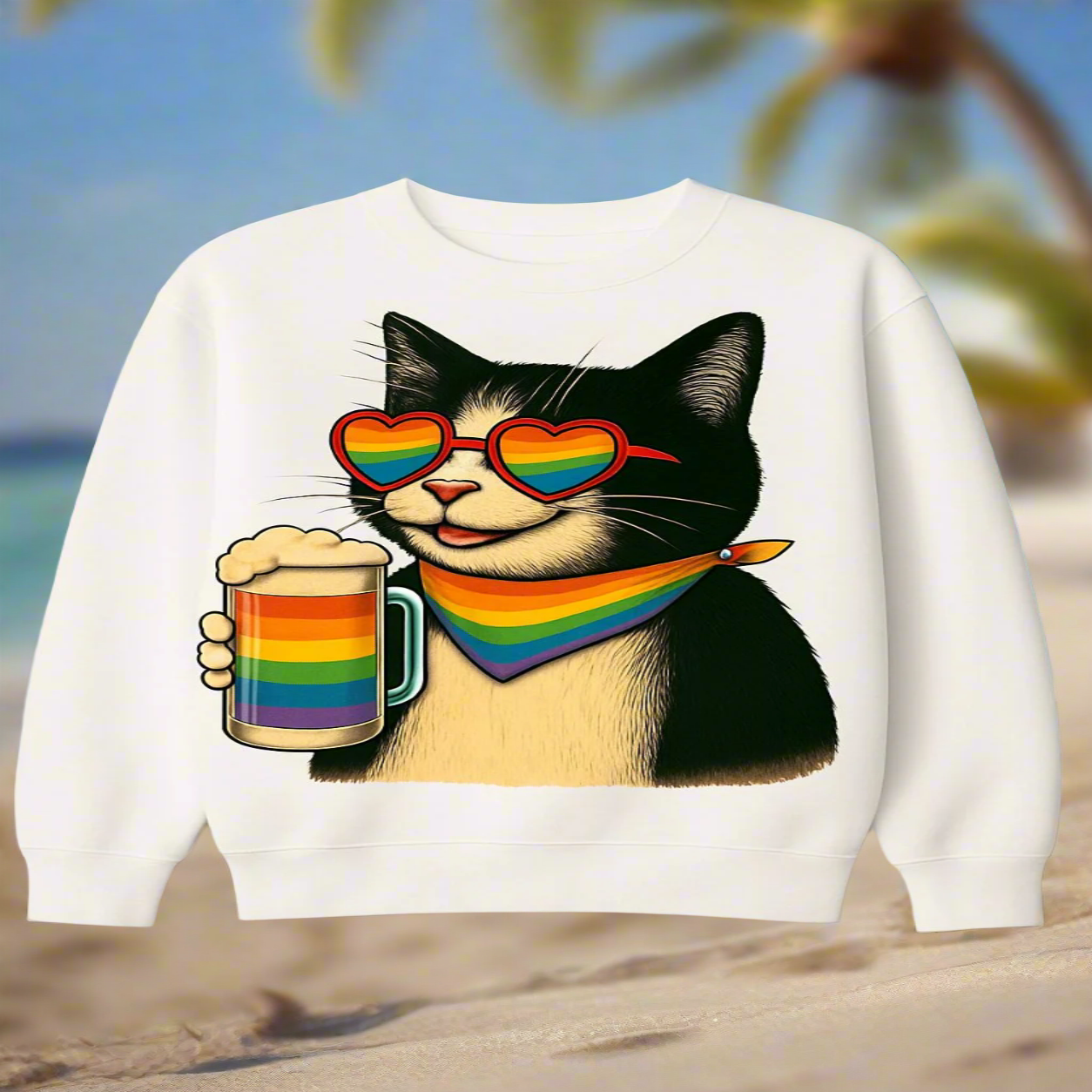 Sweatshirt with a cat wearing rainbow sunglasses and a scarf, holding a rainbow mug, on a beach.