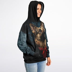 Person wearing a hoodie with a dog graphic on a white background