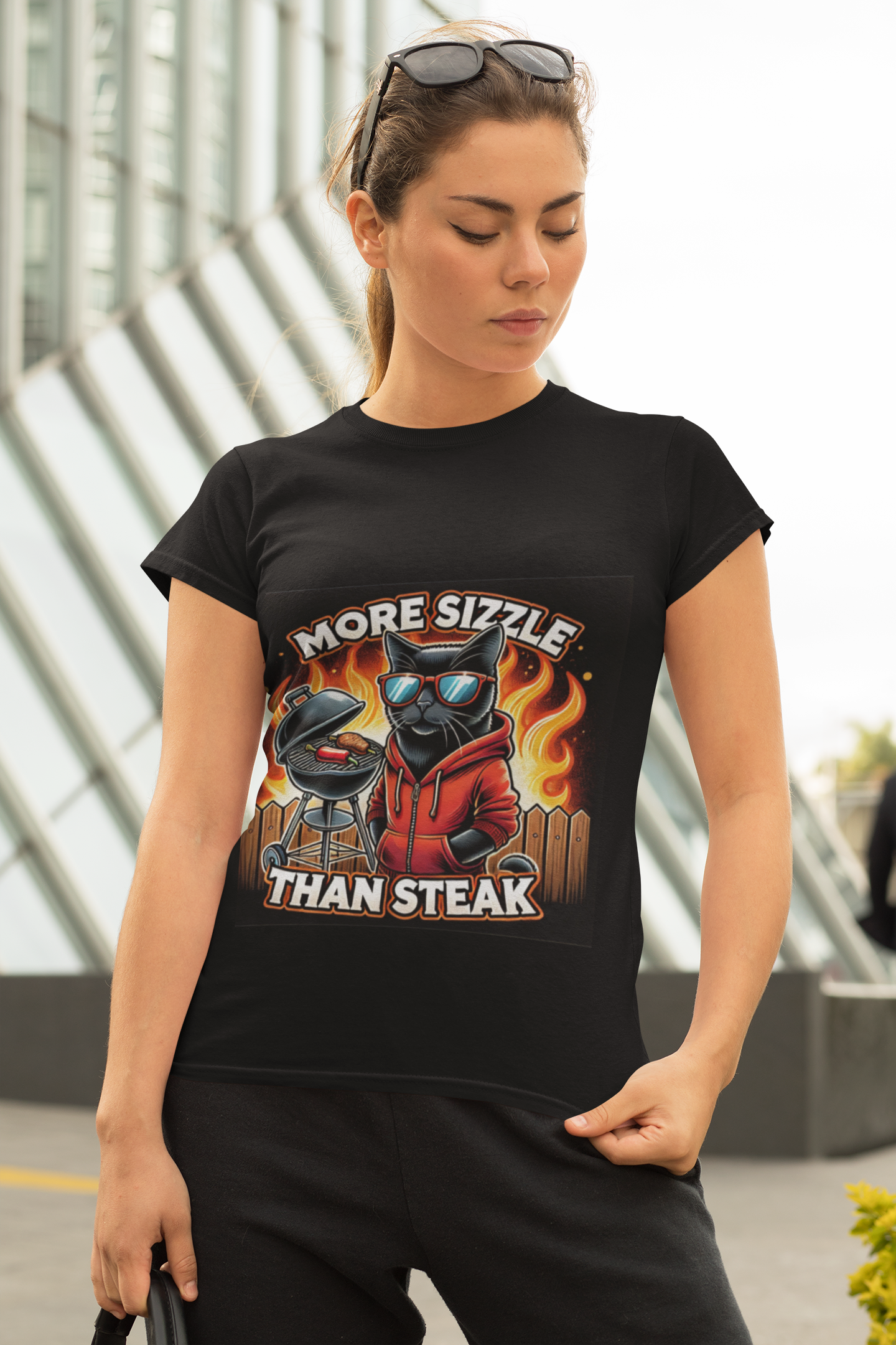 More Sizzle Than Steak – Funny Aussie BBQ Cat T-Shirt for Backyard Legends