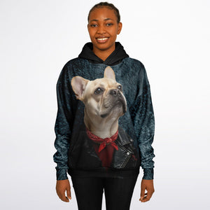 Person wearing a hoodie with a dog graphic on a white background