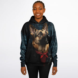 Person wearing a hoodie with a dog graphic on a white background