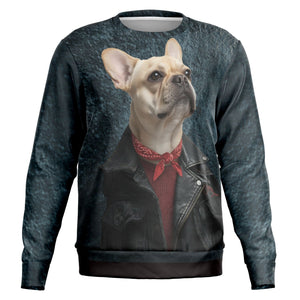 Sweatshirt with a graphic of a dog wearing a leather jacket and red bandana on a white background