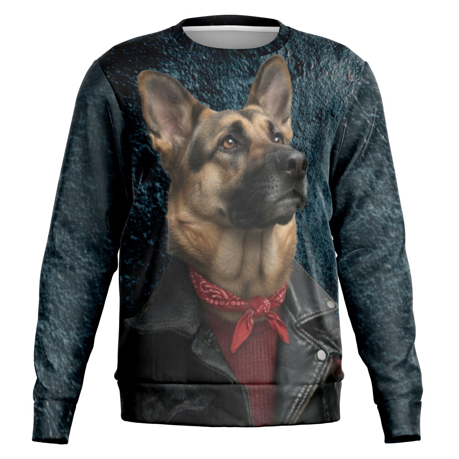 Sweatshirt with a graphic of a dog wearing a leather jacket and red bandana on a white background