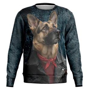 Sweatshirt with a graphic of a dog wearing a leather jacket and red bandana on a white background