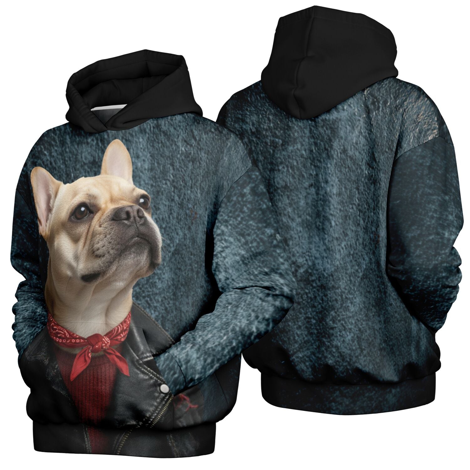 Hoodie with a dog design on the front, shown from front and back views.