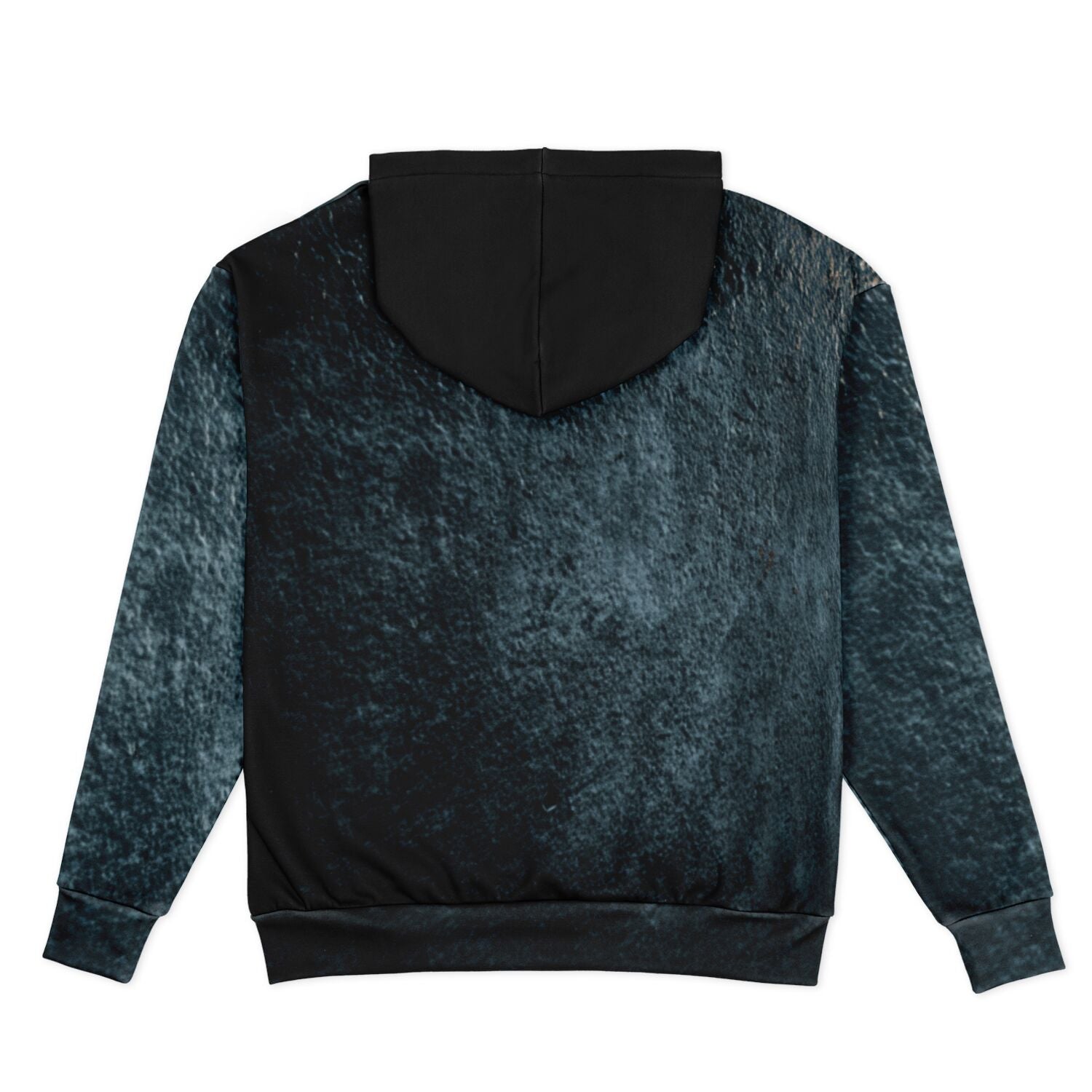 Back view of a dark blue hoodie with a black hood on a white background