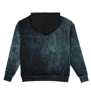 Back view of a dark blue hoodie with a black hood on a white background