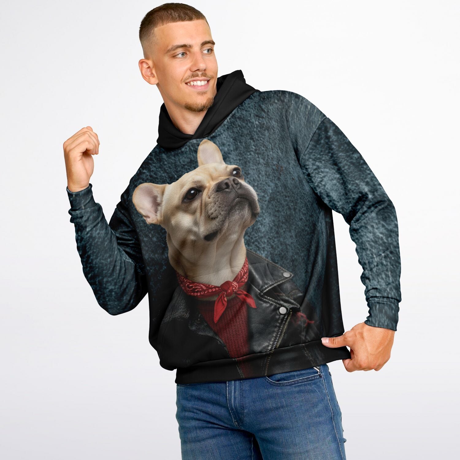 Man wearing a hoodie with a dog graphic design on a plain background