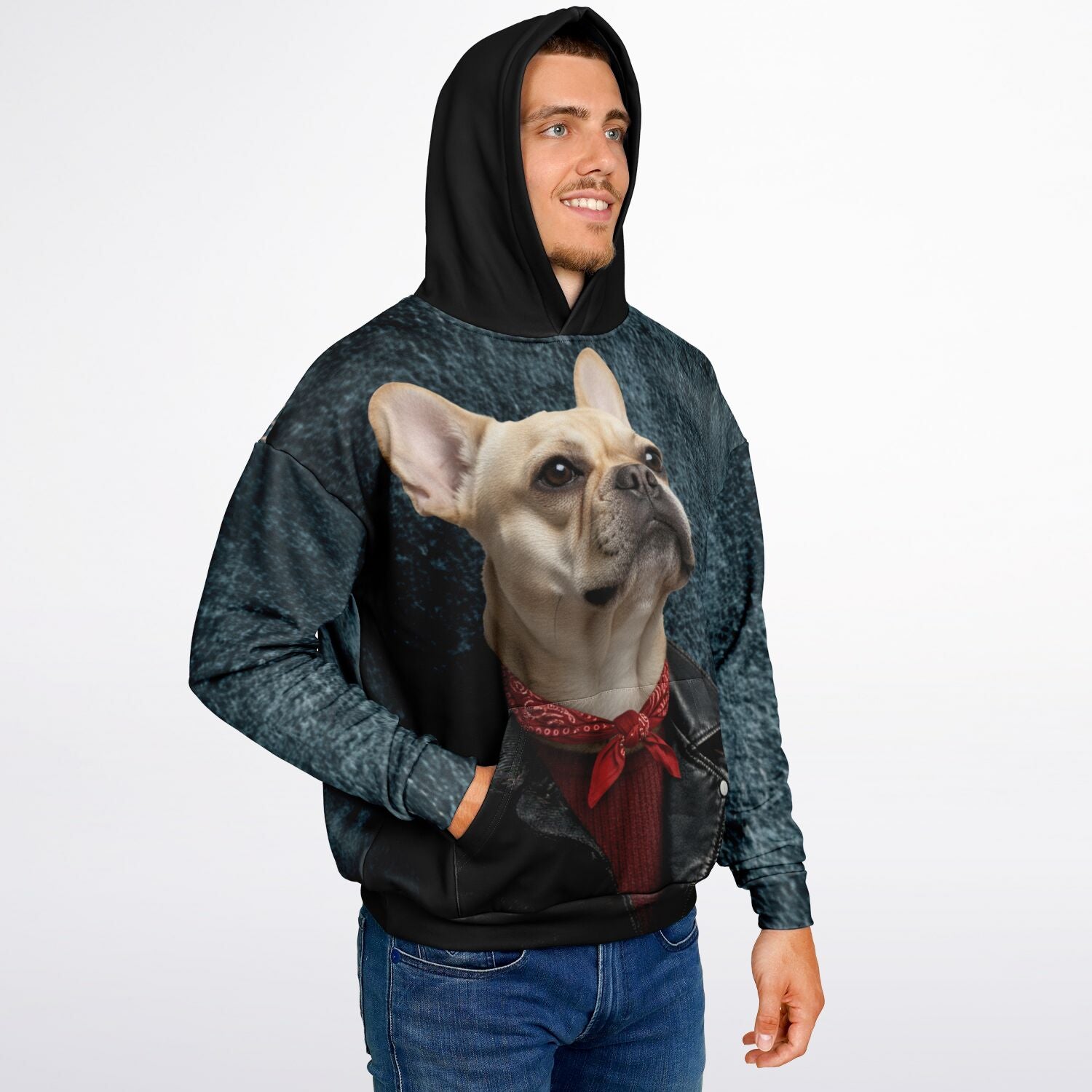 Person wearing a hoodie with a dog design on a plain background