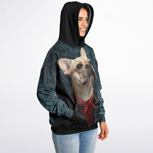 Person wearing a hoodie with a dog graphic on a white background