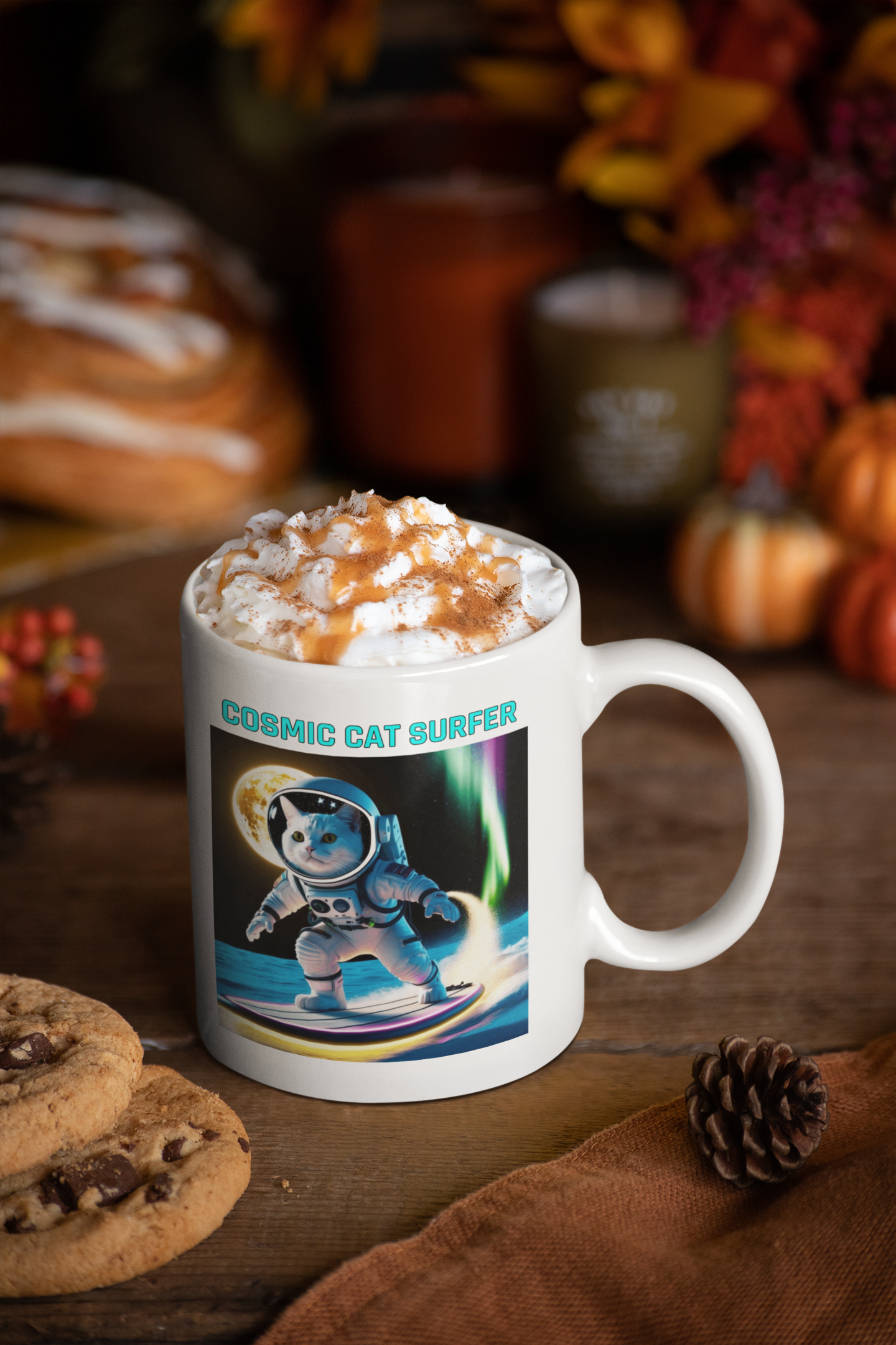 Cosmic Cat Surfer Mug | 11oz Coffee Cup for Cat Lovers & Space Fans