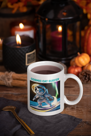 Cosmic Cat Surfer Mug | 11oz Coffee Cup for Cat Lovers & Space Fans