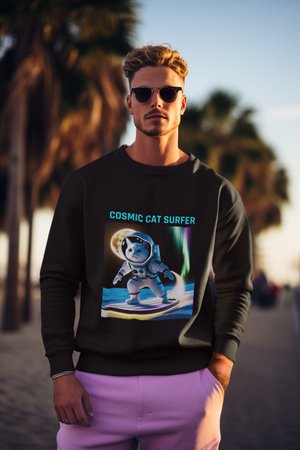 Cosmic Cat Surfer – Unisex Crewneck Sweatshirt | Space Adventure Meets Cozy Comfort