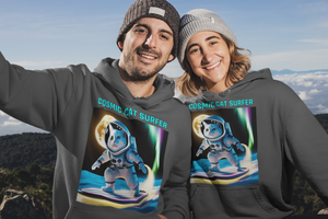 Cosmic Cat Surfer – Unisex Premium Hoodie | Adventure Meets Outer Space