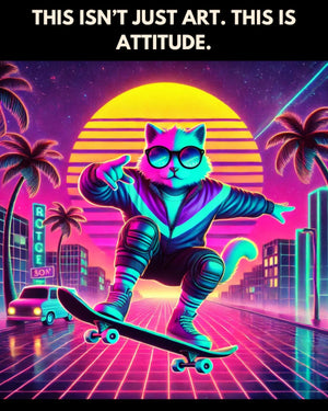 Skater Cat Attitude – Retro Neon Digital Wall Art Download