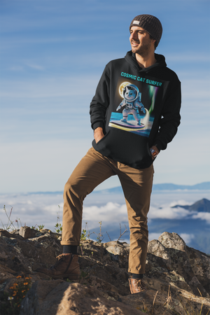 Cosmic Cat Surfer – Unisex Premium Hoodie | Adventure Meets Outer Space