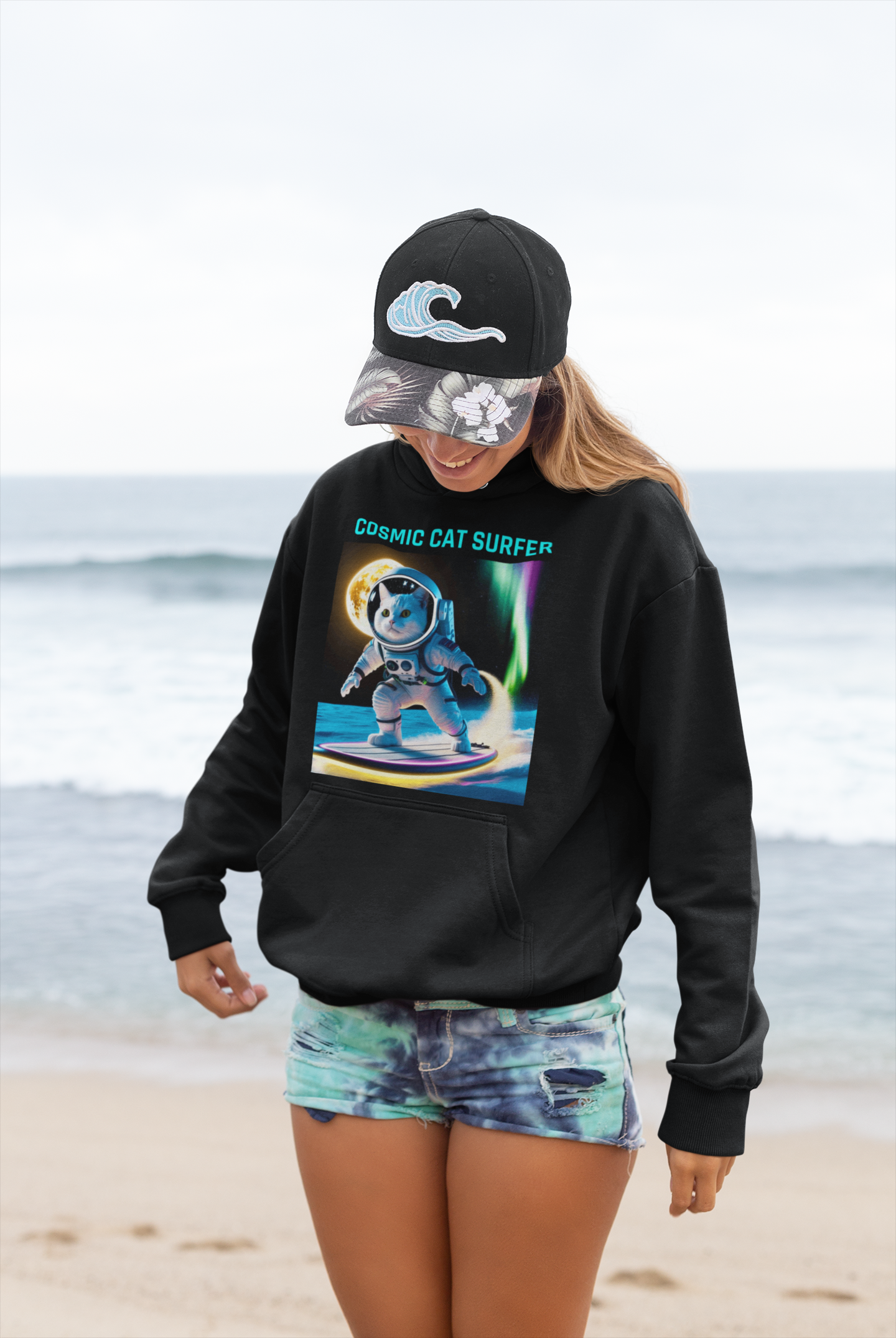 Cosmic Cat Surfer – Unisex Premium Hoodie | Adventure Meets Outer Space