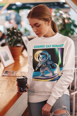 Cosmic Cat Surfer – Unisex Crewneck Sweatshirt | Space Adventure Meets Cozy Comfort