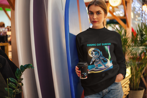 Cosmic Cat Surfer – Unisex Crewneck Sweatshirt | Space Adventure Meets Cozy Comfort