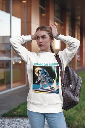 Cosmic Cat Surfer – Unisex Crewneck Sweatshirt | Space Adventure Meets Cozy Comfort