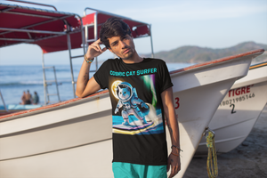 Cosmic Cat Surfer Tee – Astronaut Cat on a Cosmic Wave