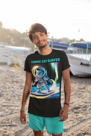 Cosmic Cat Surfer Tee – Astronaut Cat on a Cosmic Wave